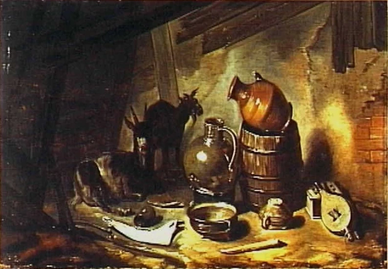 François Ryckhals - Interno di una stalla con capre e piatti, attribuito